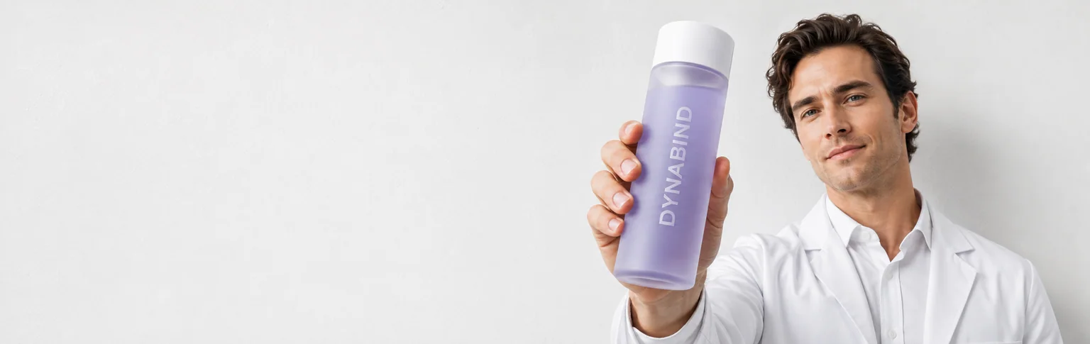 DynaBind research professional holding a matte bottle with pale purple liquid